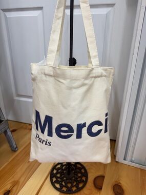 Merci Paris Canvas Tote Bag in Cream and Navy